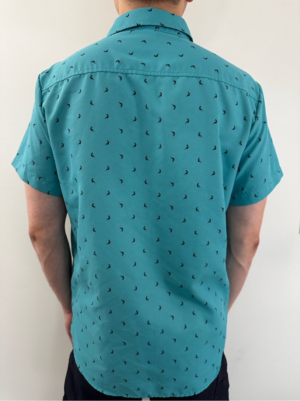 Casual Teal Short-Sleeve Button-Down Shirt with Black Motif
